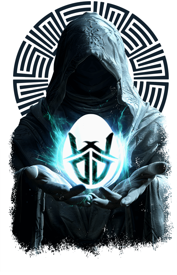 Mysterious dark hooded figure holding the Waves of Distortion logo