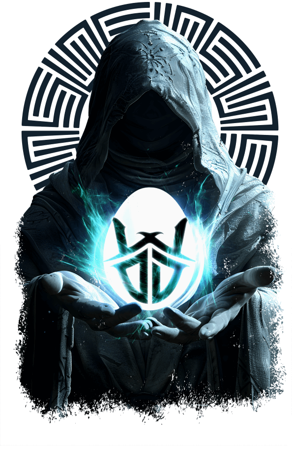 Mysterious dark hooded figure holding the Waves of Distortion logo